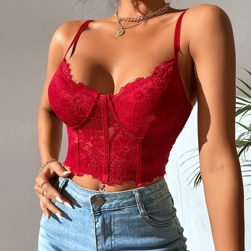 

See Through Corset Cropped Feminino Sexy Lace Summer Going Out Spaghetti Strap Tank Top Y2k Seamless Haut Femme Underwear 60