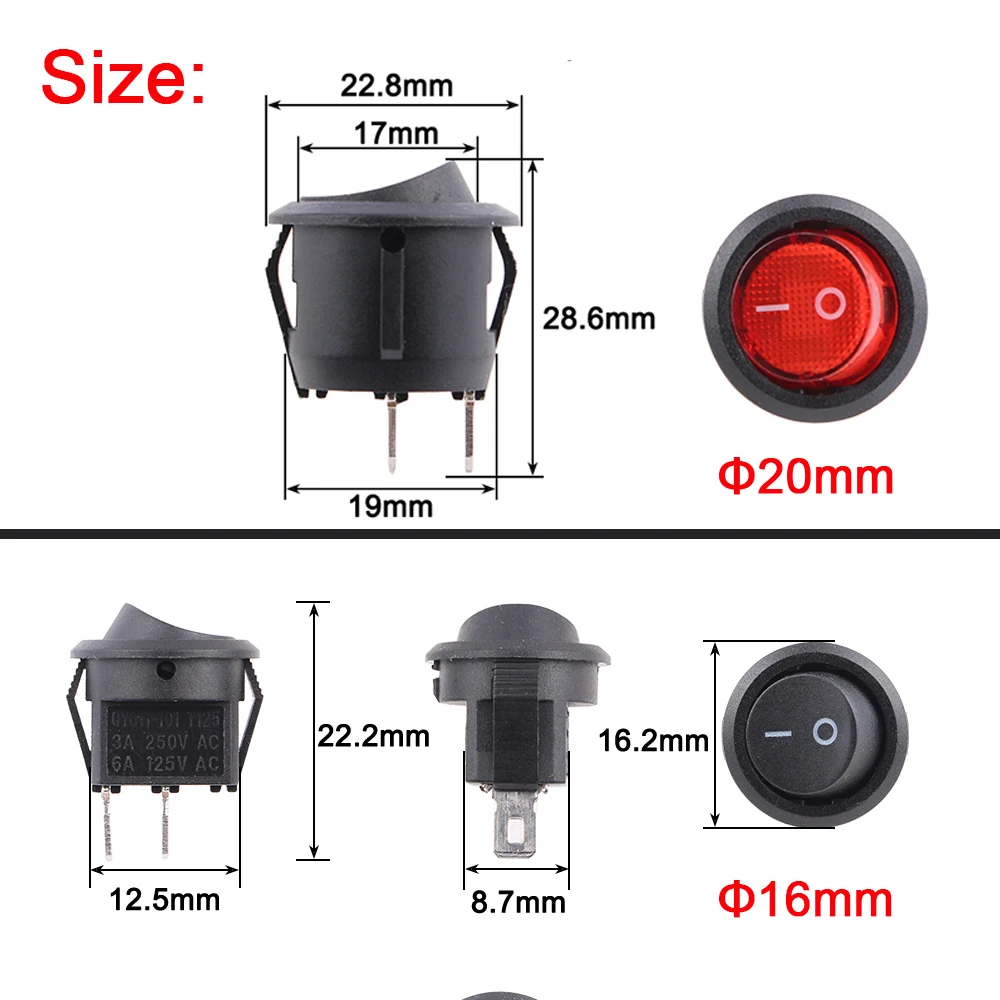 5 шт. 3A 250VAC/6A 125VAC круглый тумблер KCD1 On-Off SPST мини черный красный зеленый 2-контактный