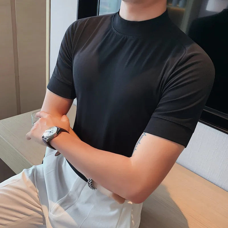 

2023 Men's Summer Casual Short Sleeved T-shirts/Male Slim Fit High Collar Tight Set Head T-Shirt Plus Size S-3XL