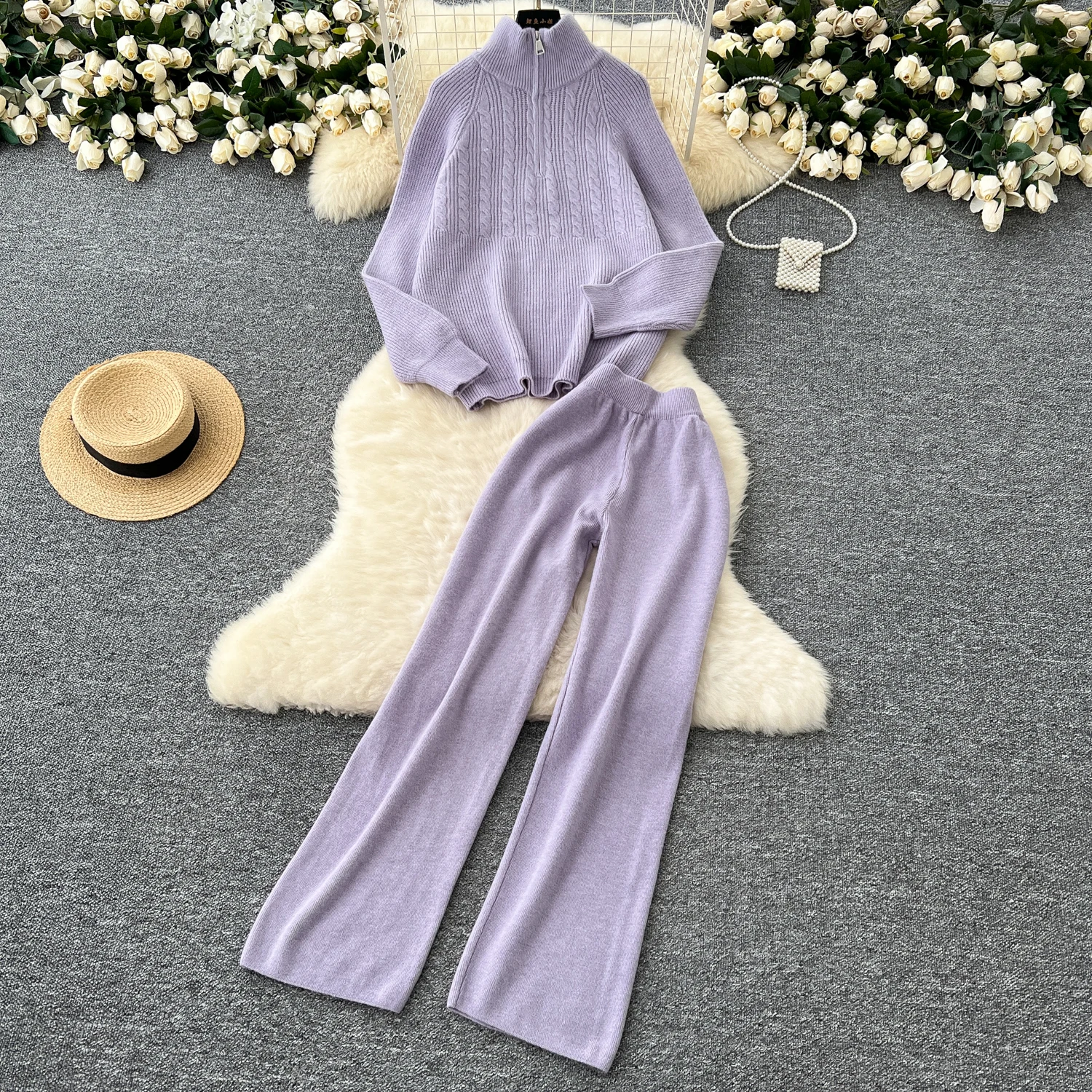 Женский трикотажный брючный костюм Повседневный свитер на молнии с