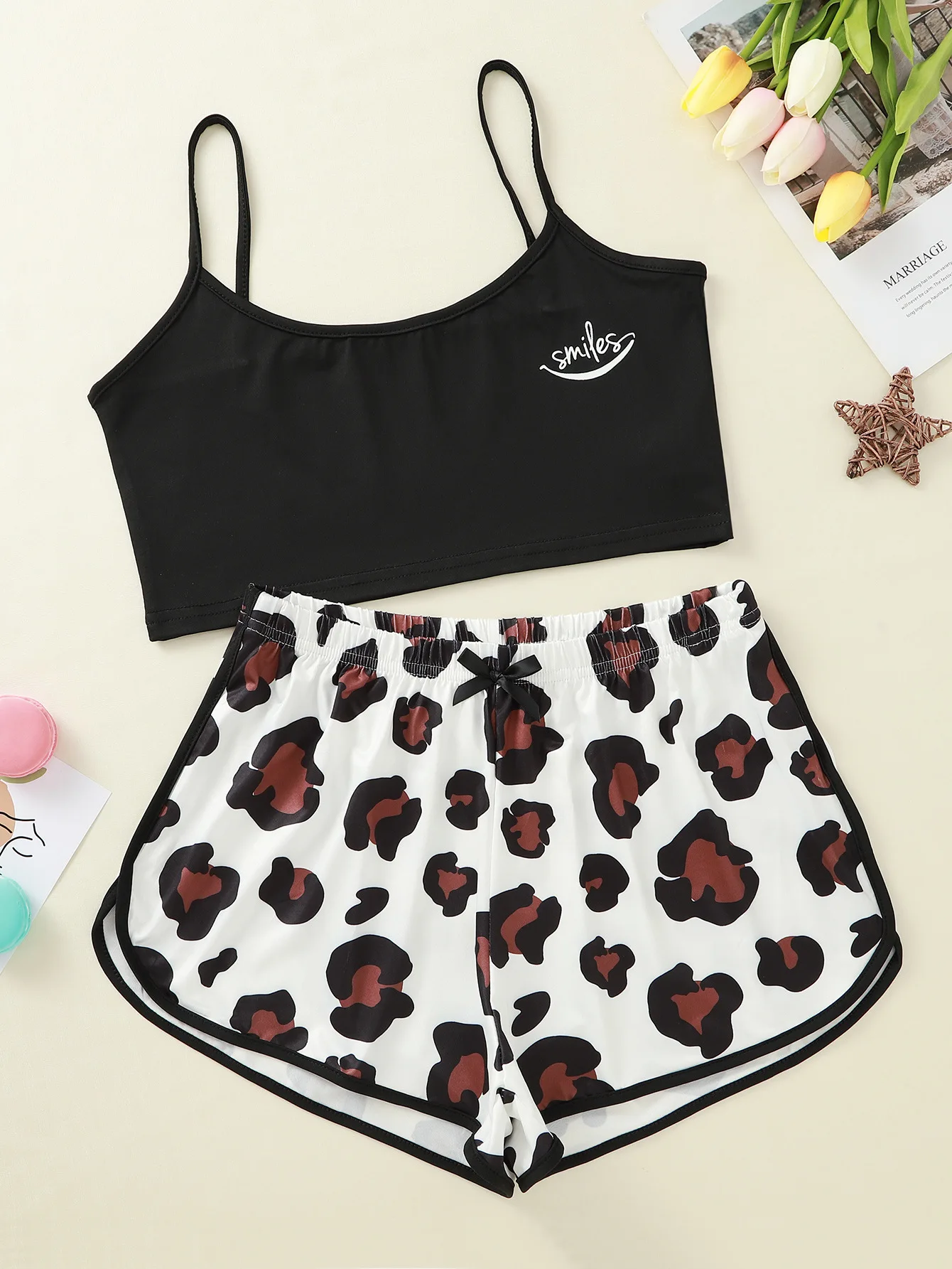 Alphabet Print Halter Top And Leopard Print Pants Home Clothing Nightdress Set Stylish Sexy Home Women Underwear Nightdress Set