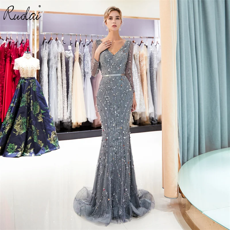 

Grey Mermaid Evening Dresses Long Sleeves V-Neck Delicate Beaded Prom Dress Tiered Evening Party Gown Vestido de Festa 10-91693