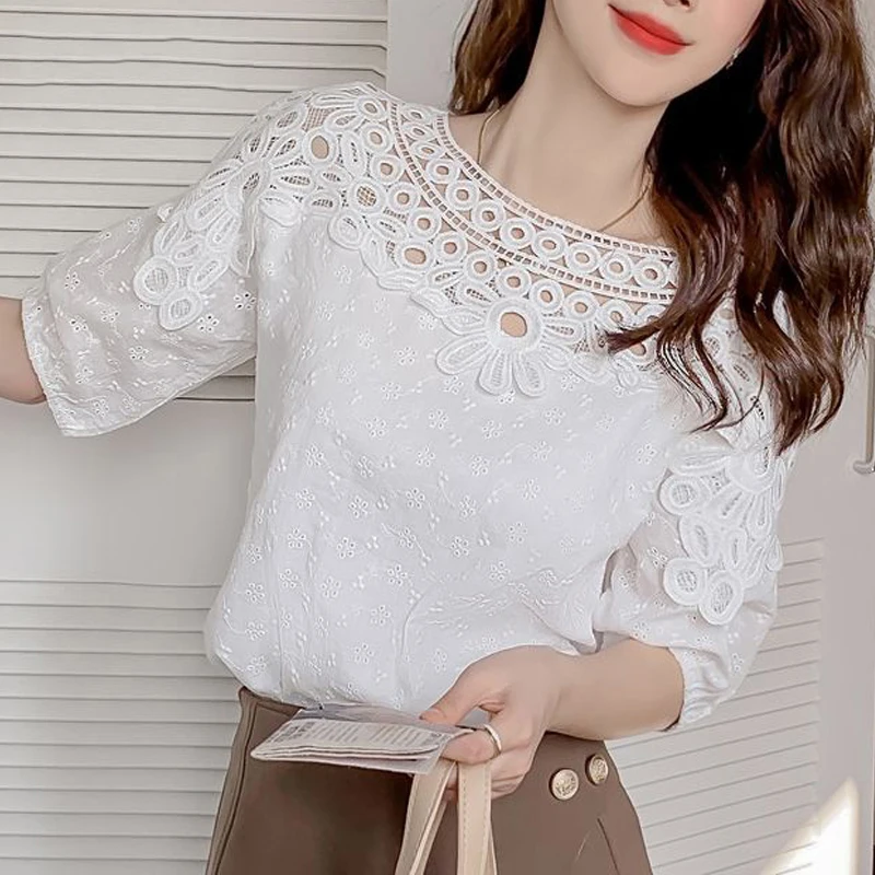 

Women's Lace Hollow Embroidery White Elegant Blouse Summer Trendy O Neck Short Sleeve Cotton Shirt Sweet Chic Top Female Blusas