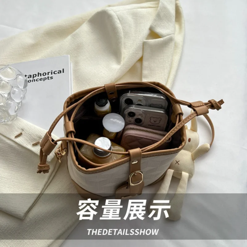 Women's Fashion PU Retro Casual Crossbody Large Capacity Single Shoulder Bag Portable Luxury String Bucket Bag for женский Bolsa