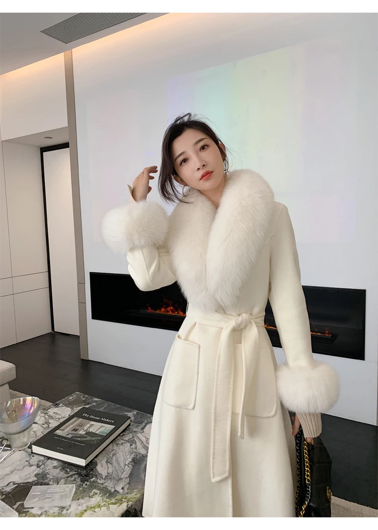 Women Winter Real Fur Coat Long Jacket Natural Fox Fur Collar Cashmere Wool Blends Thick Warm Outerwear Belt Ladies Streetwear
