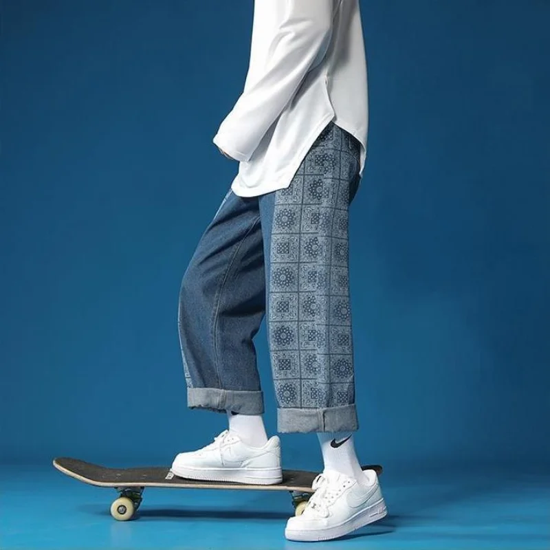 DEEPTOWN Printed Straight Jeans Men Fashion Loose Denim Pants Retro Casual Trousers Male Streetwear Hip Hop Korean Style Spring