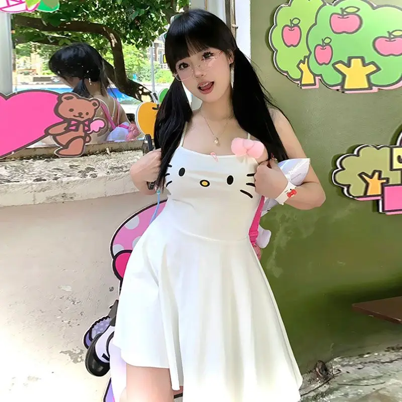 

Красивое милое платье Sanrio из хлопка с вышивкой Hellokitty, тонкое белое милое маленькое платье с стереоскопическим плюшевым бантом