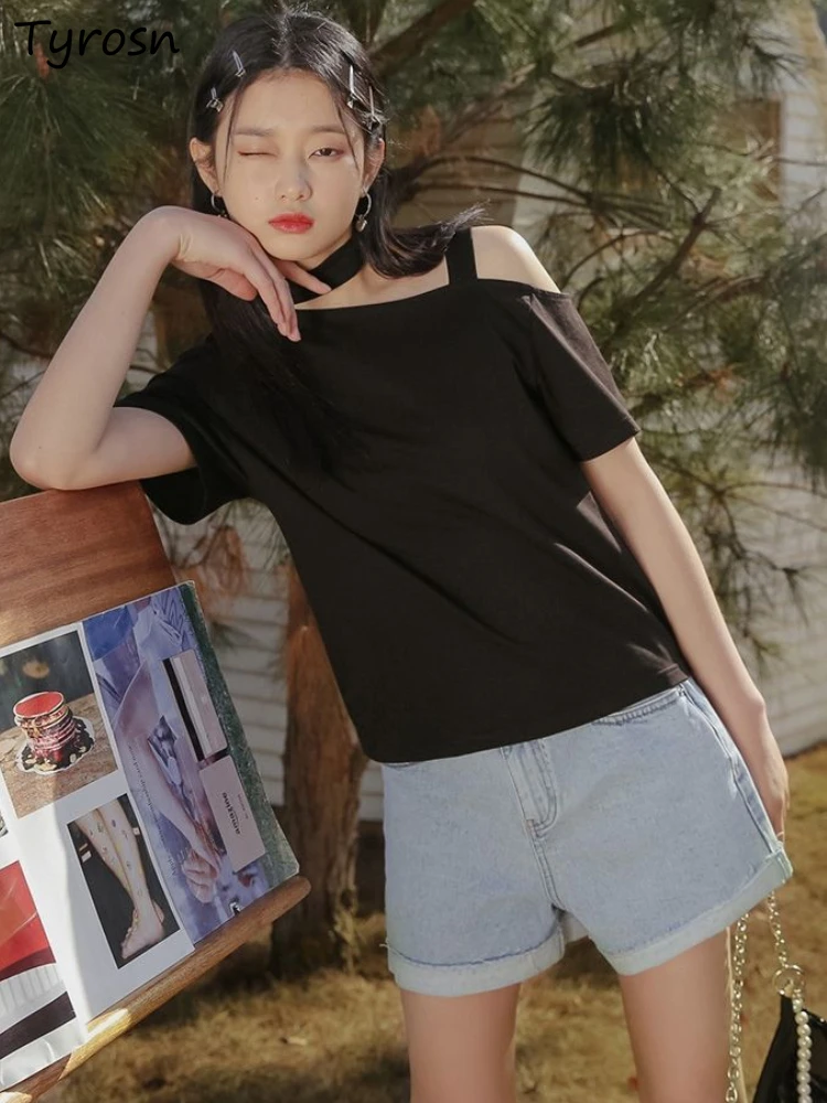 

Асимметричные женские футболки, привлекательный индивидуальный дизайн, с открытыми плечами, милые летние свободные универсальные популярные простые женские футболки Ulzzang