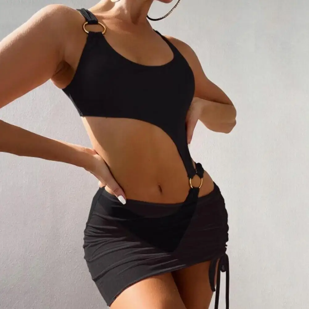 

Стильный слитный купальник с открытой спиной и узким кольцом, комплект с юбкой на шнуровке, Монокини из мягкой ткани, накидка, пляжная одежда