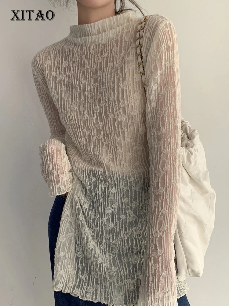 

XITAO Lace Solid Color Mesh Pullovers Stand Collar Minority Side Split Design Sense Elegant Temperament Tender Women FBB1613