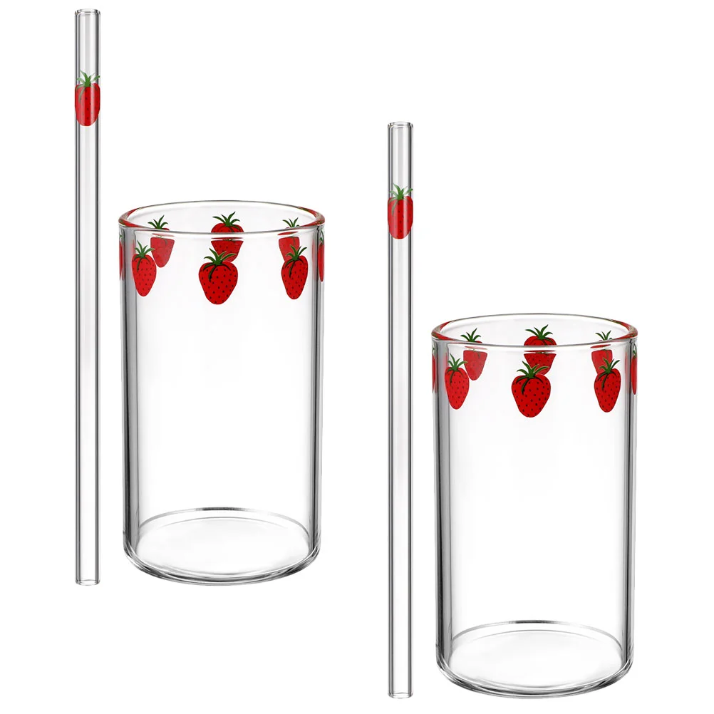 

2 Sets Strawberry Glass Multi-function Cups Decorative Water Espresso Martini Glasses Coffee Mugs Lids Juice Milk Oatmeal