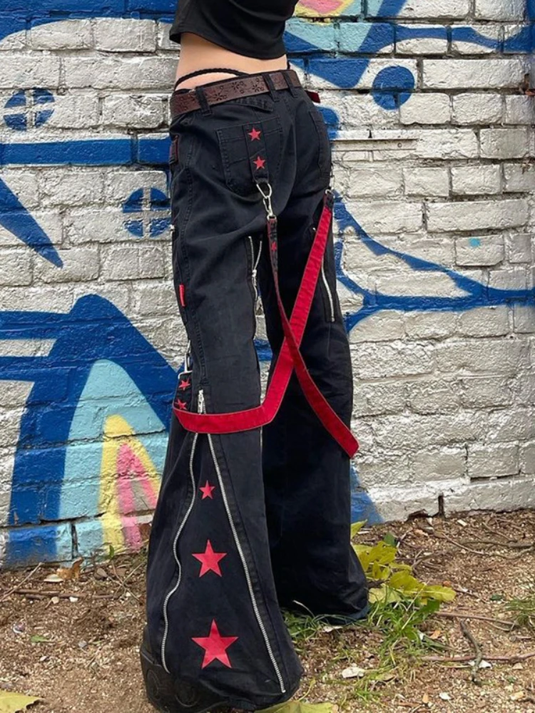 

Корейские модные однотонные широкие брюки, Женская широкая одежда в стиле панк, длинные брюки с низкой талией, широкие брюки на молнии, Свободная Женская одежда Y2k