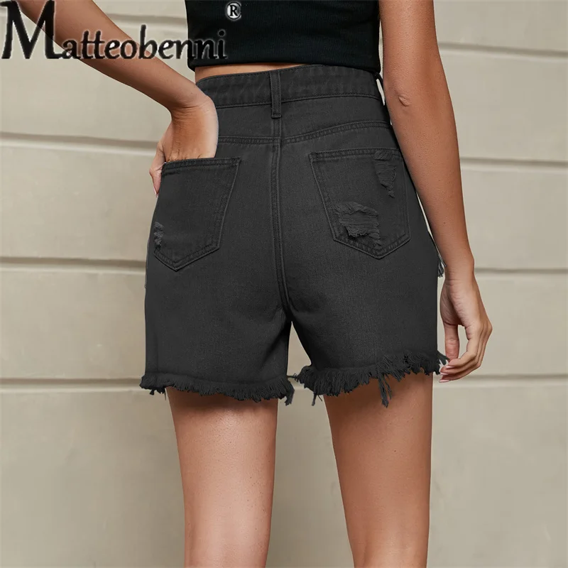 2023 Fashion Broken Holes Splicing Tassel Denim Shorts Women's Mid-waist Button Casual Straight Three-quarter Pants Female Jeans