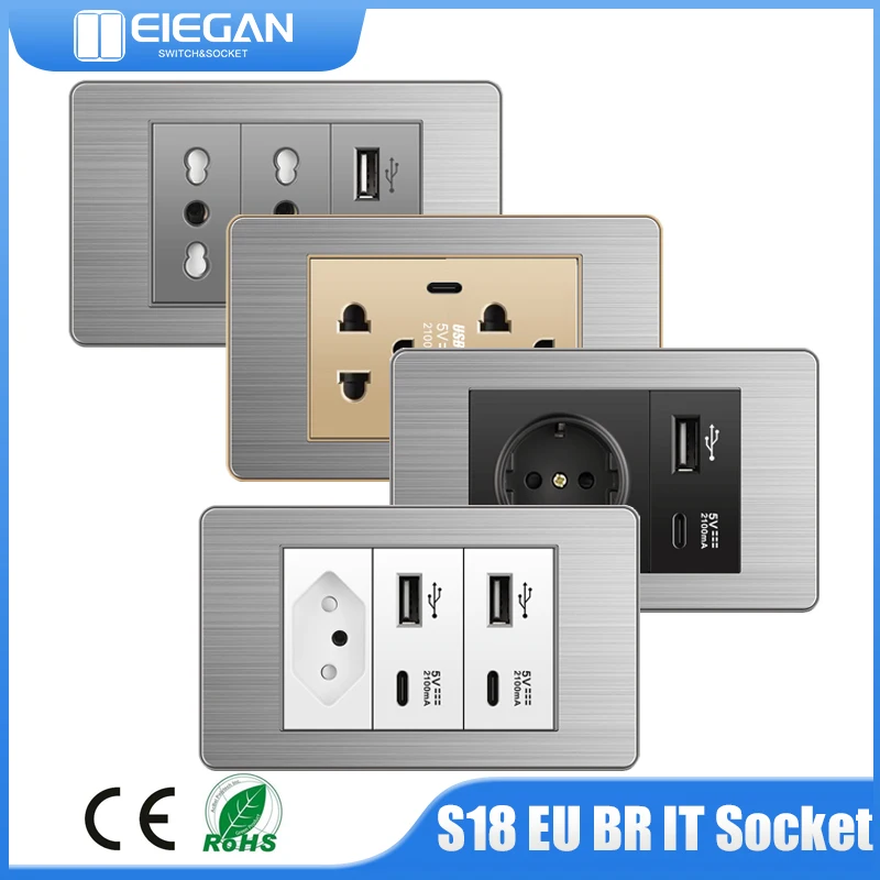 

S18 Stainless Steel Panel 16A Power Socket with USB Type-C Interface US EU Standard Multi-plug with 2 USB Charging Ports