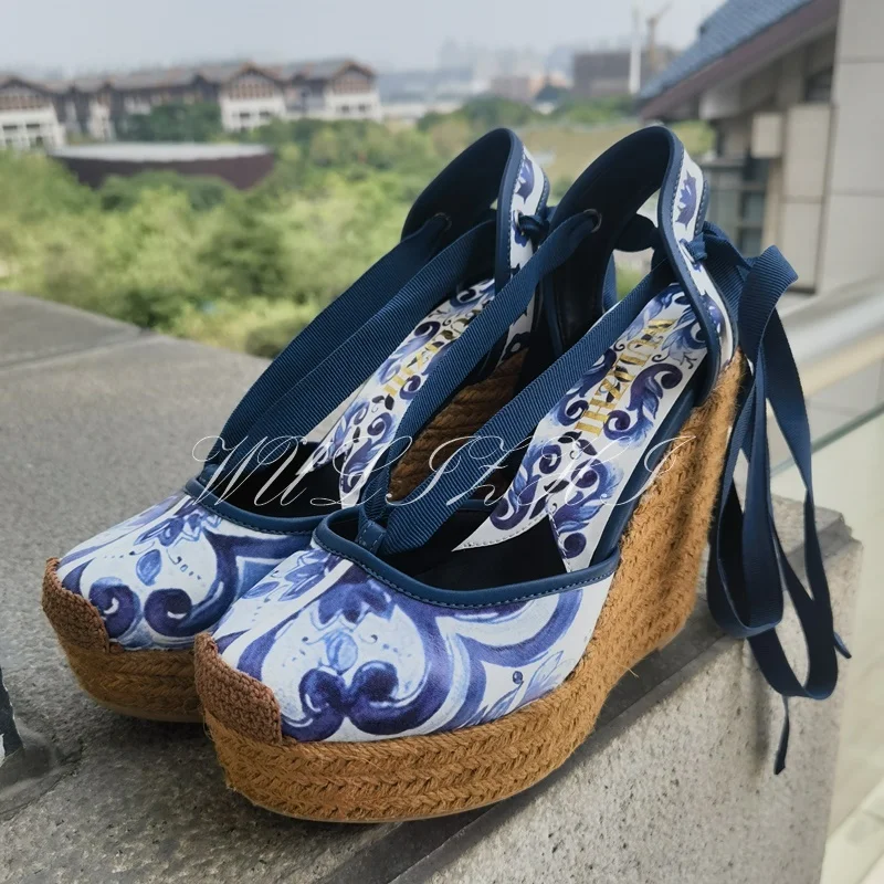 Women Woven Wedge Sandals Blue White Flower Print Graffiti Straw Butterfly Hollow High Heels Ankle Ribbon Wrapping Casual Shoes