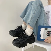 women sneakers fashion chunky casual thick sole breathable mesh lace up platform vulcanize female beige non slip walking shoes