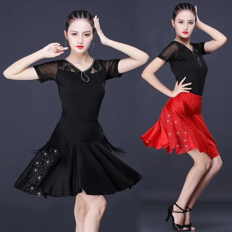 

Elegant Half Sleeve Latin Dance Skirt For Women New Style Comfory Soft Ballroom Dance Dress Waltz Dance Wear Suit Black and Red