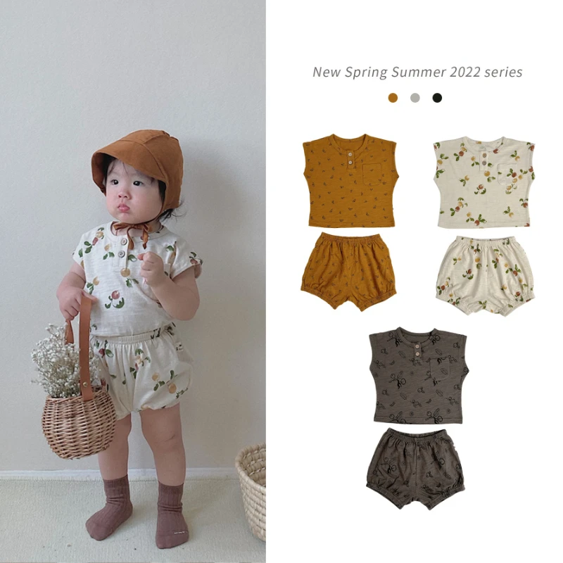 

HoneyCherry 2022 new boy printed t-shirt tops shorts set baby cotton two-piece summer set girls clothes