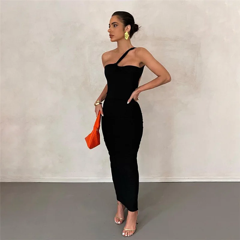 

Fashion Sexy Slanted Shoulder Backless Maxi Dresses for Women Elegant Vintage Solid Summer Long Dress Women Evening Dresses 2023