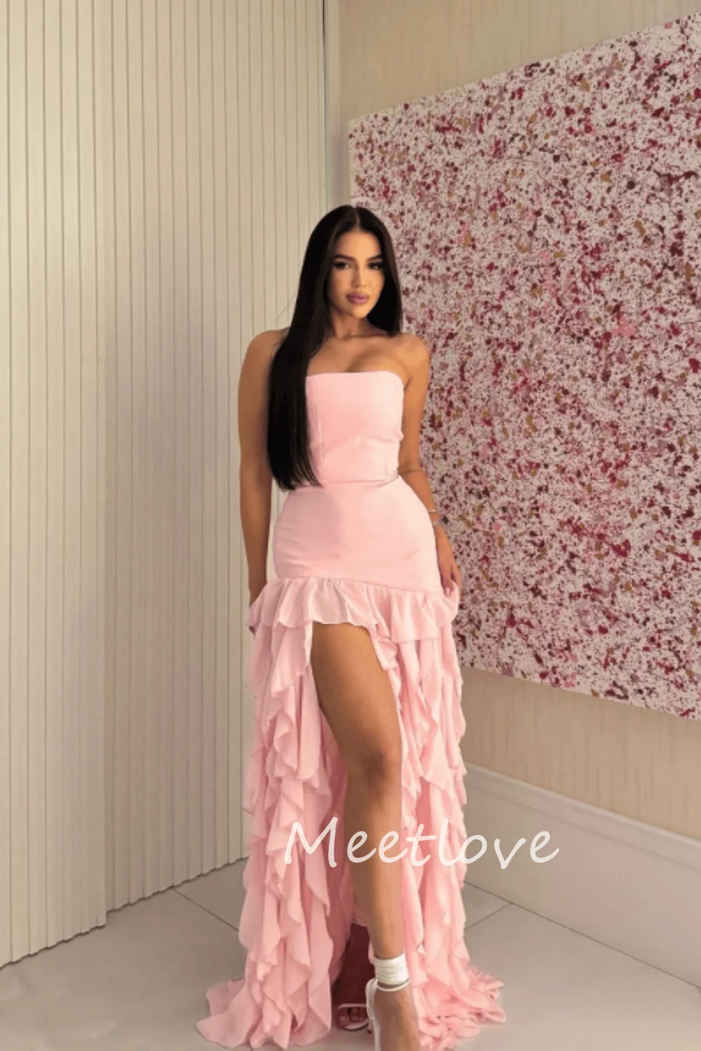 Фото Meetlove 2024, индивидуальное шифоновое платье Sheanth без бретелек без рукавов с многоуровневыми оборками длиной до пола, вечернее платье, торжественное платье №2