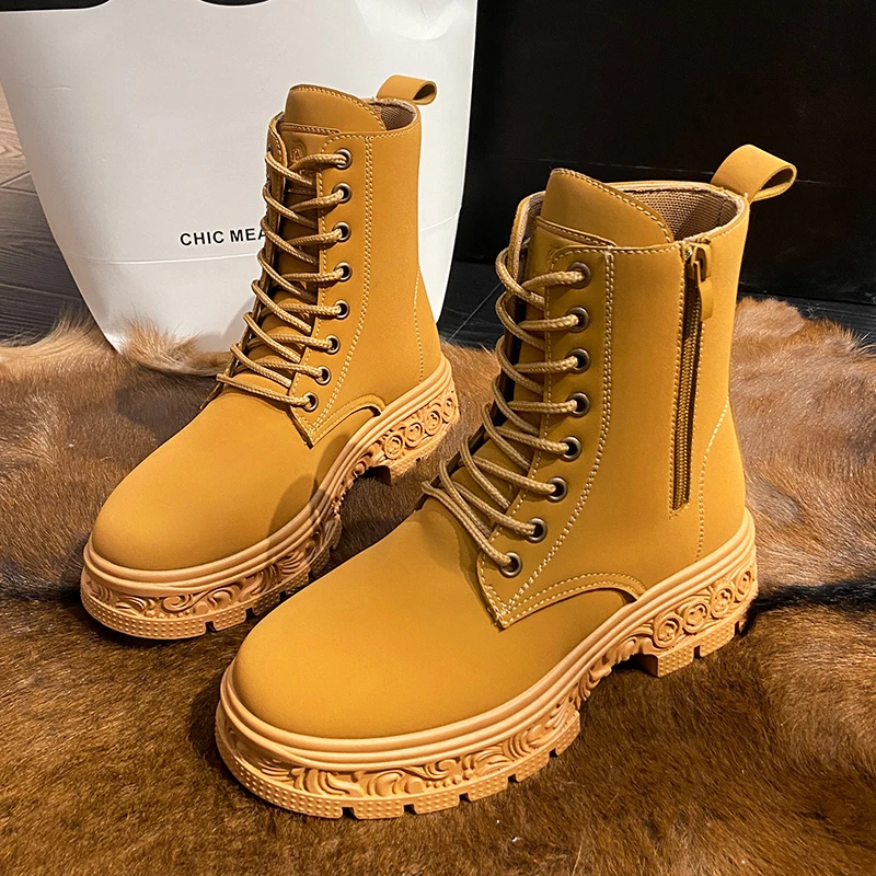 

Yellow Brown Long Boots botas femininas Women Shoes New Heels High 5CM Platform Shoes Woman Street Leisure Goth Motorcycle Boots