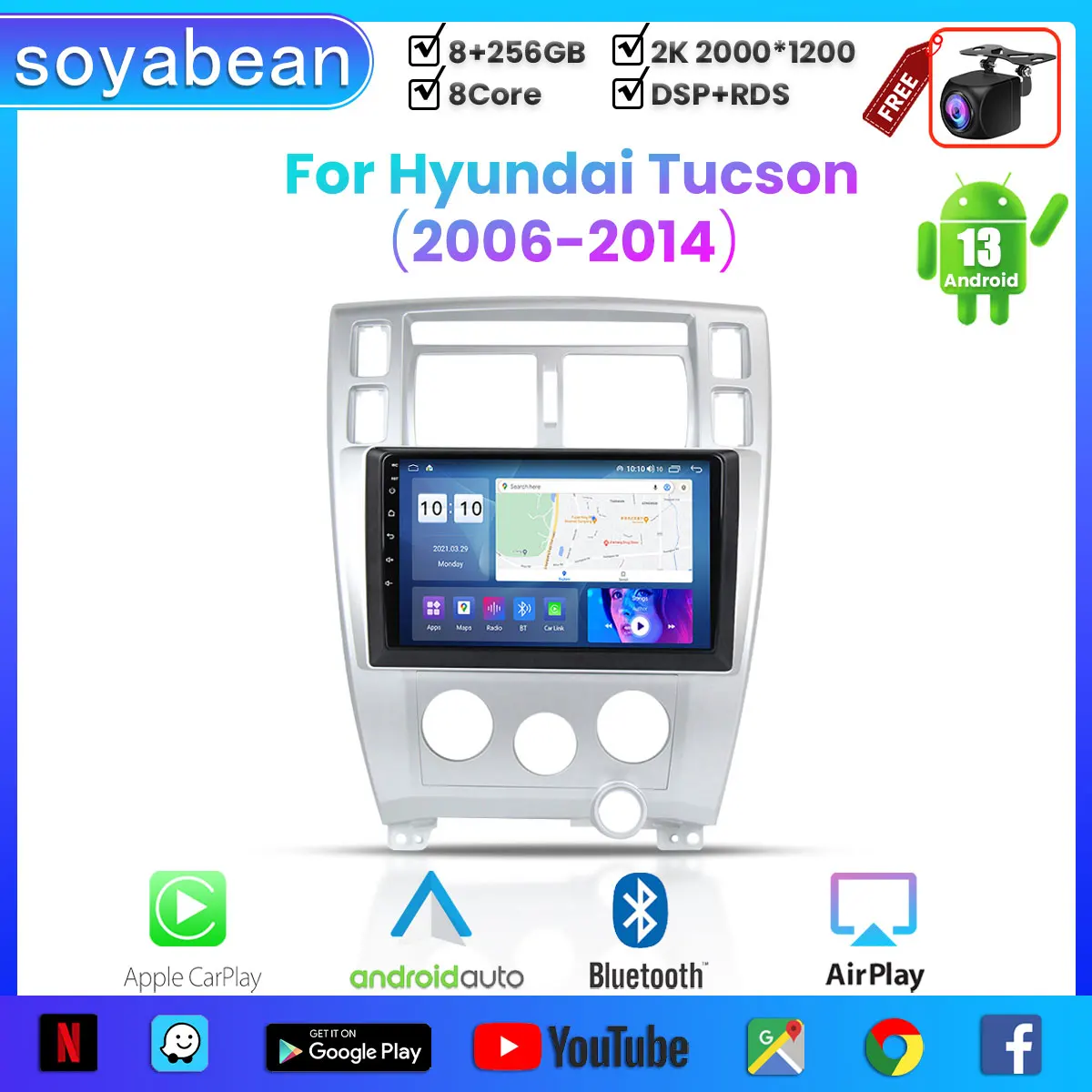 

Автомобильный радиоприемник Android 13 для Hyundai TUCSON 2006-2014, 9-дюймовый мультимедийный плеер с 4G Car Carplay и 2Din GPS