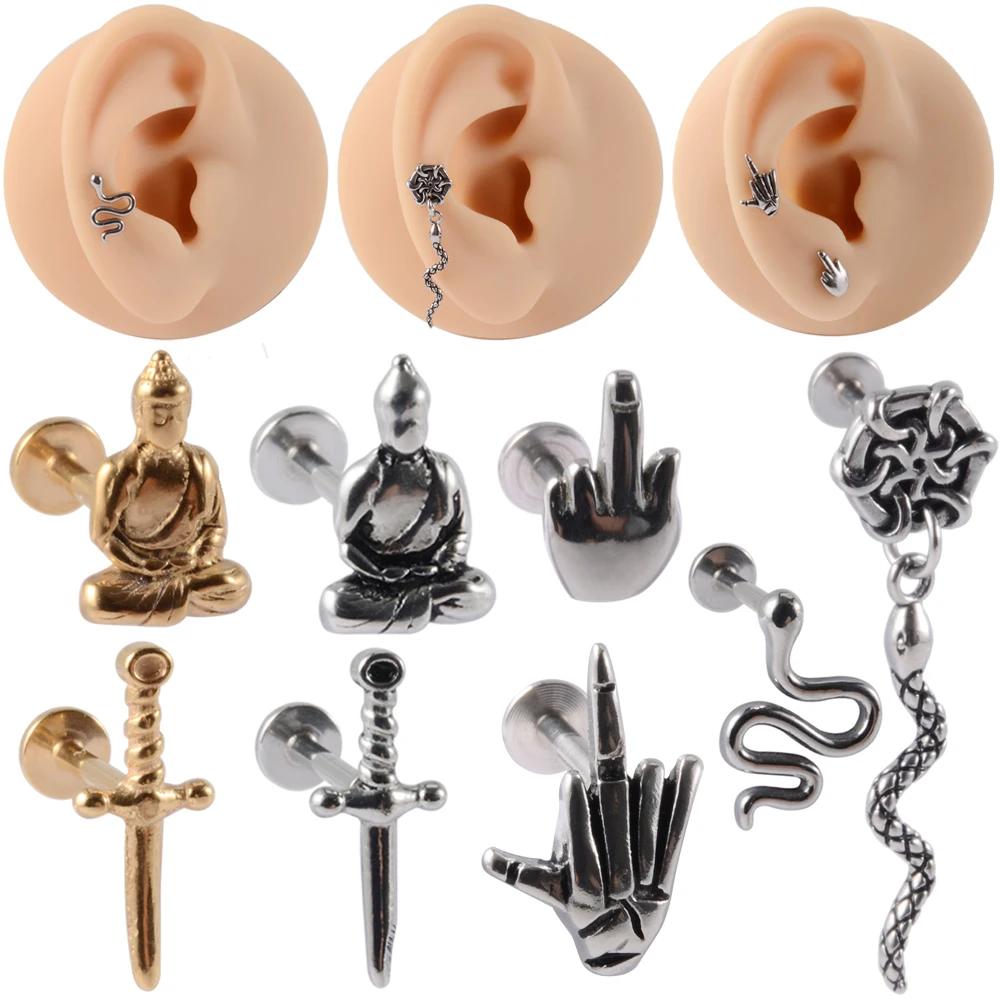

1PC Surgical Steel Snake Buddha Statue Ear Tragus Cartilage Piercing Labret Lip Earring Ring Lobe Earrings Body Piercing Jewelry