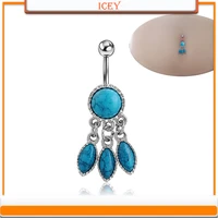 1pc blue turquoise belly ring tassel navel stud stainless steel belly navel jewelry alloy belly button ring piercing products