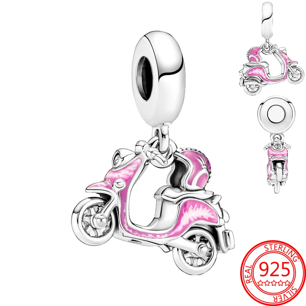 Real 925 Sterling Silver Gift Girl Pink Scooter Dangle Charm