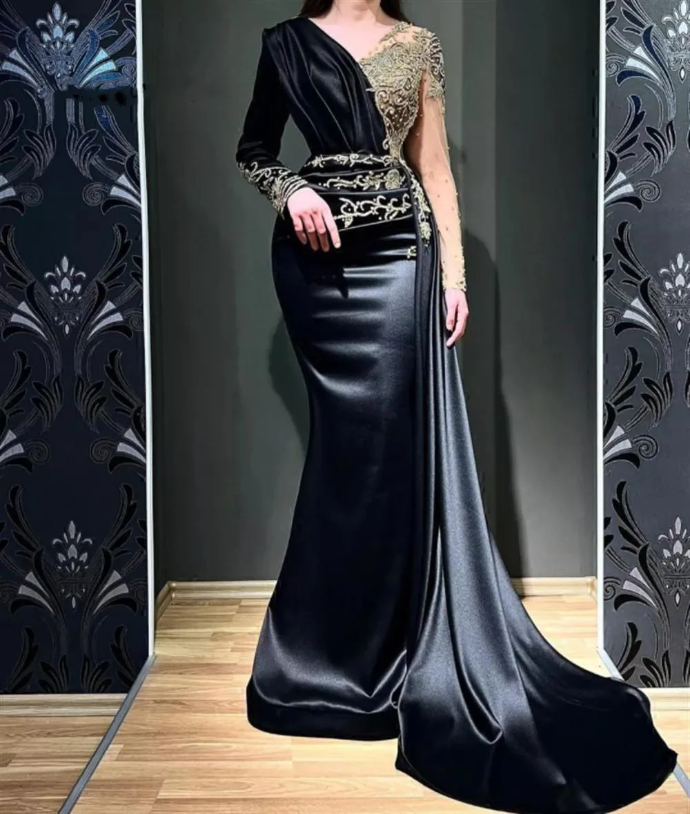 

Черные вечерние платья с юбкой-годе, V-образным вырезом и длинным рукавом, в пол, со шлейфом, украшенным бисером, атласная Иллюзия