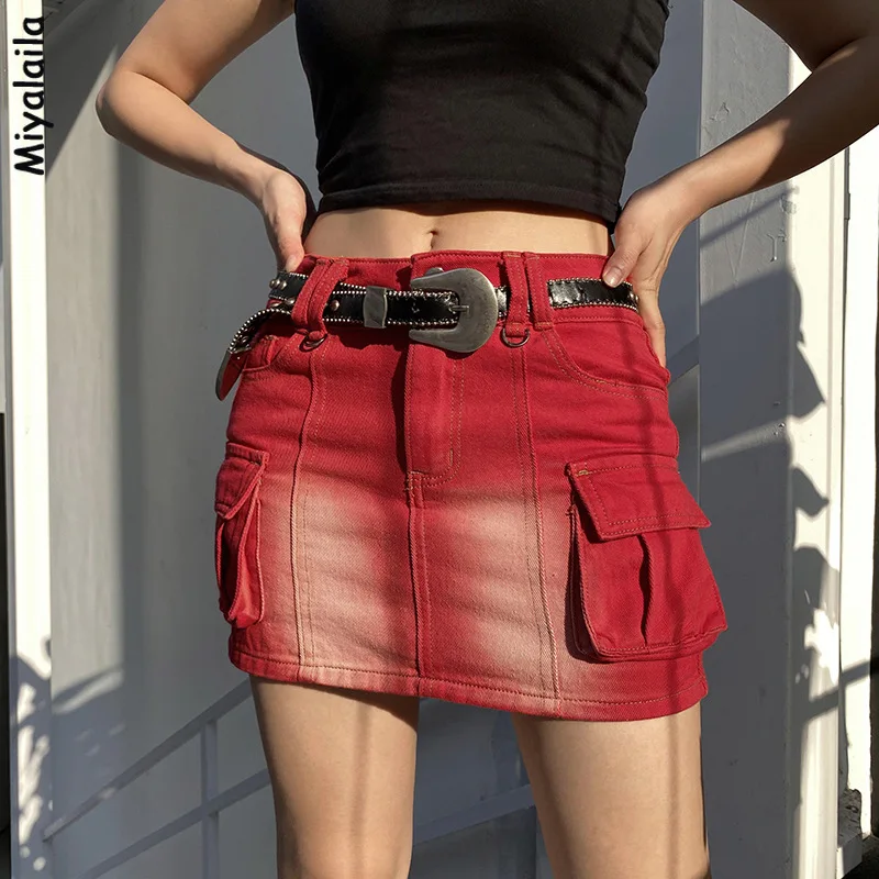 

Miyalaila Punk Style Cargo Denim Skirts Women Y2K Skinny Gradient Red Jeans Mini Skirts with Pockets High Street Streetwear