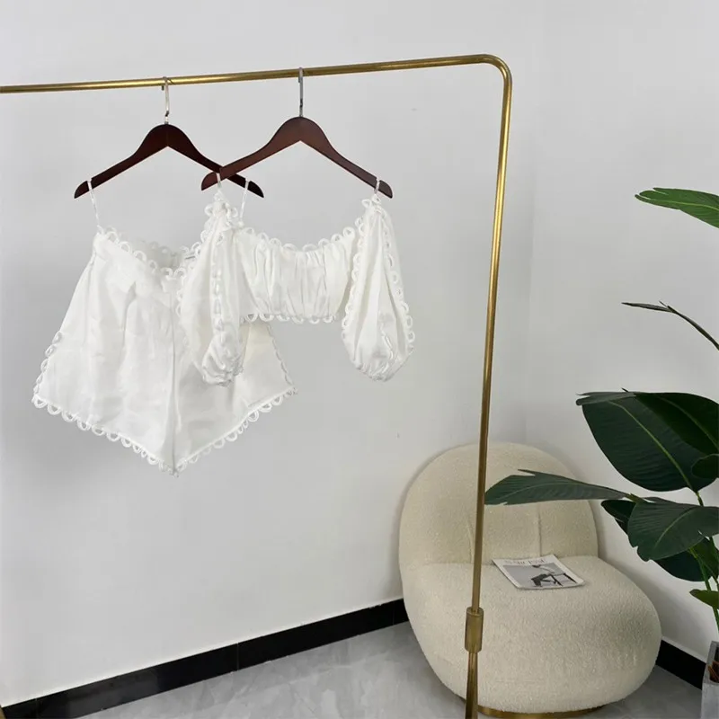 

Women Fashion Bottom Edge Holes Lantern Sleeve White Shorts Suits 2021 Summer Square Collar Short Tops High Quality Linen