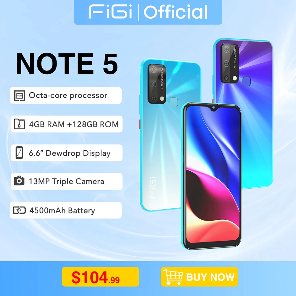 [In Stock] FIGI NOTE 5 Smartphone Android 13MP Triple Cameras Octa-core 6.6 Inch HD+ Displays 4500mAh Type-C 4GB 64GB Cellphones