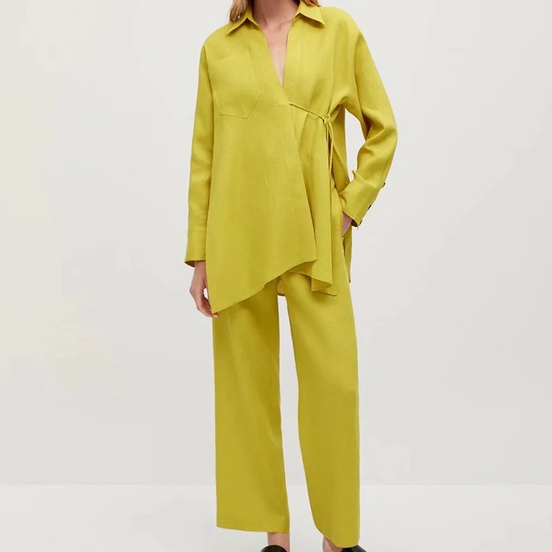 

2022 Spring Women Casual Long Sleeve Lapel Lacing Mid-length Yellow Shirt High Waist Loose Straight Pants Two Piece Suit QJ8588