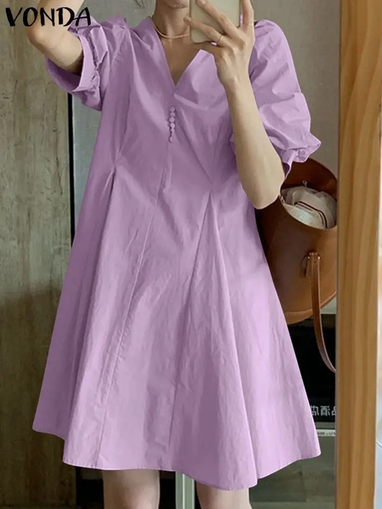 

Мини-сарафан VONDA женский с пуговицами и коротким рукавом, модный однотонный пикантный праздничный трапециевидный сарафан с V-образным вырез...