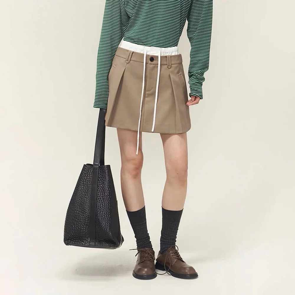 

2023 Autumn and Winter Commuter Khaki Splicing Lace-up Suit Short Skirt Half-body Dress