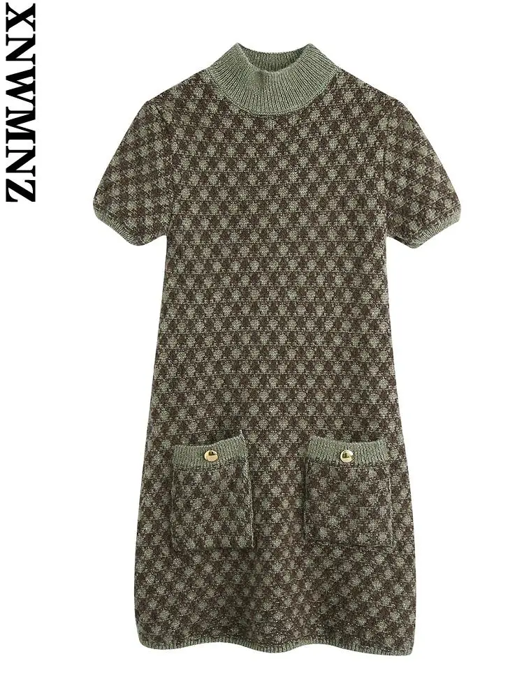 

XNWMNZ elegant dress Women 2022 fashion patch pockets knit mini dress vintage high neck short sleeve female dresses vestidos