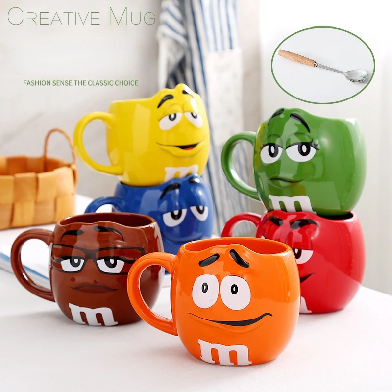 

M Bean Cup Ceramic Mug Large Capacity Breakfast Milk Cup with Lid Spoon Oatmeal Cup Personalized Expression Cup Coffee Mugs