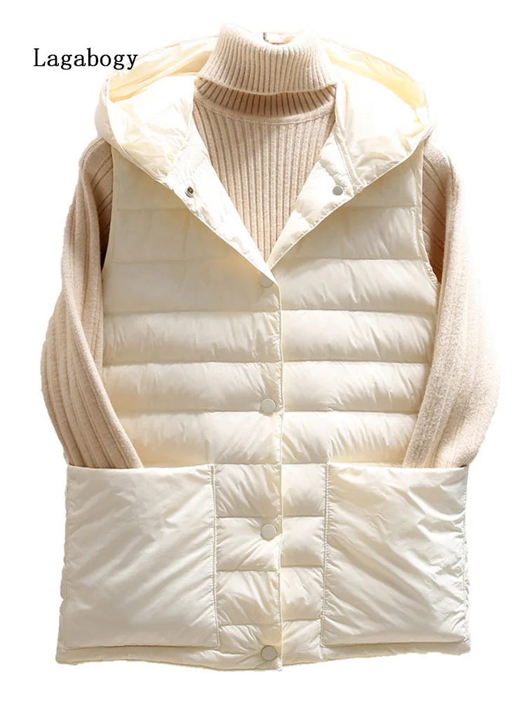 

Lagabogy 2022 Winter Warm Hooded 90% White Duck Down Vest Women Ultralight Sleeveless Female Single-Breasted Puffer Waistcoat