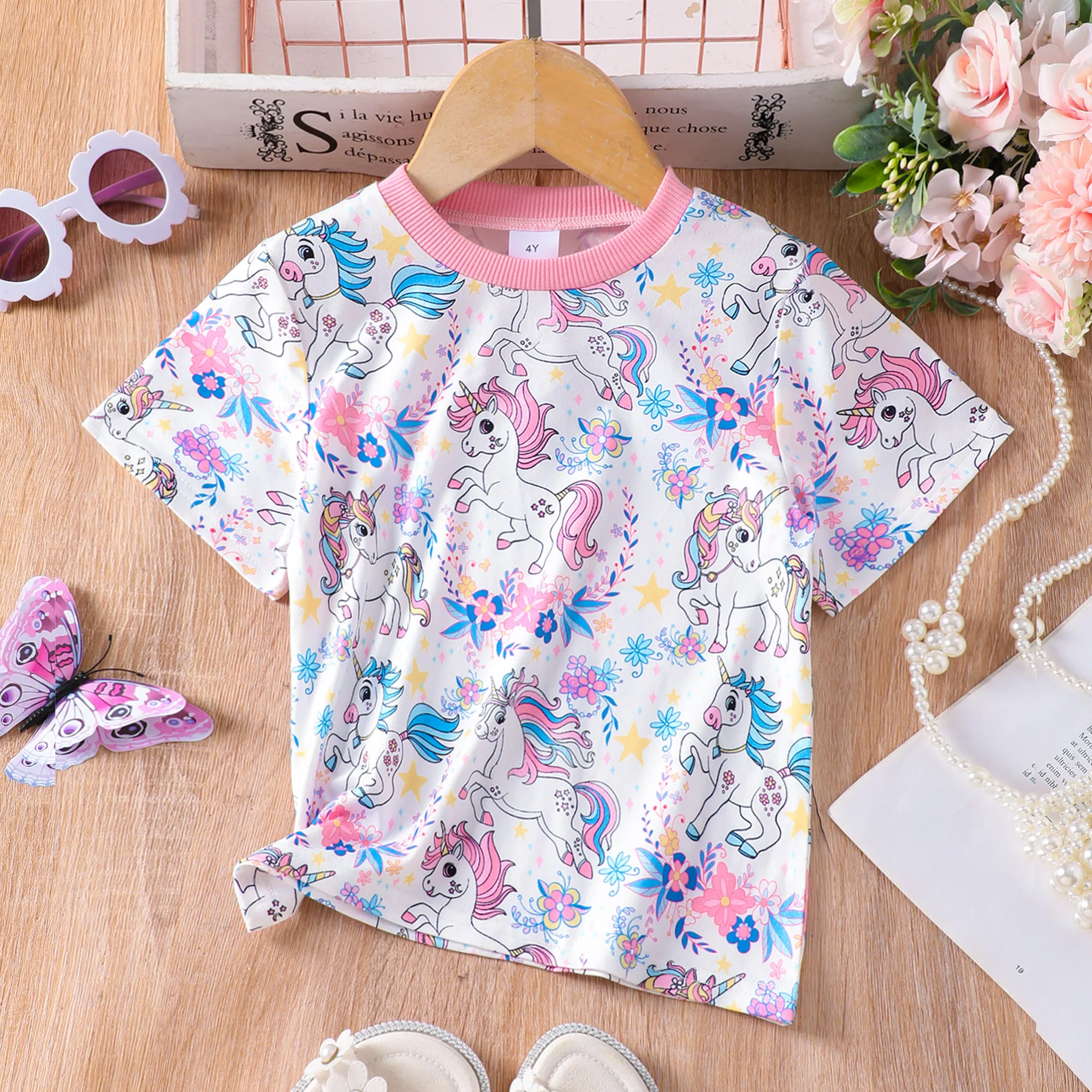 Трикотажная футболка для девочек с коротким рукавом и круглым вырезом