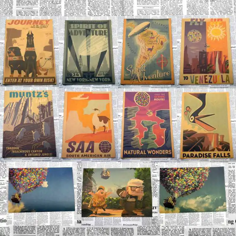 

Disney Flying House Tour Poster Painting UP Adventures Pixar Classic Movie Retro Kraft Paper Decorative Painting Core Wall Art