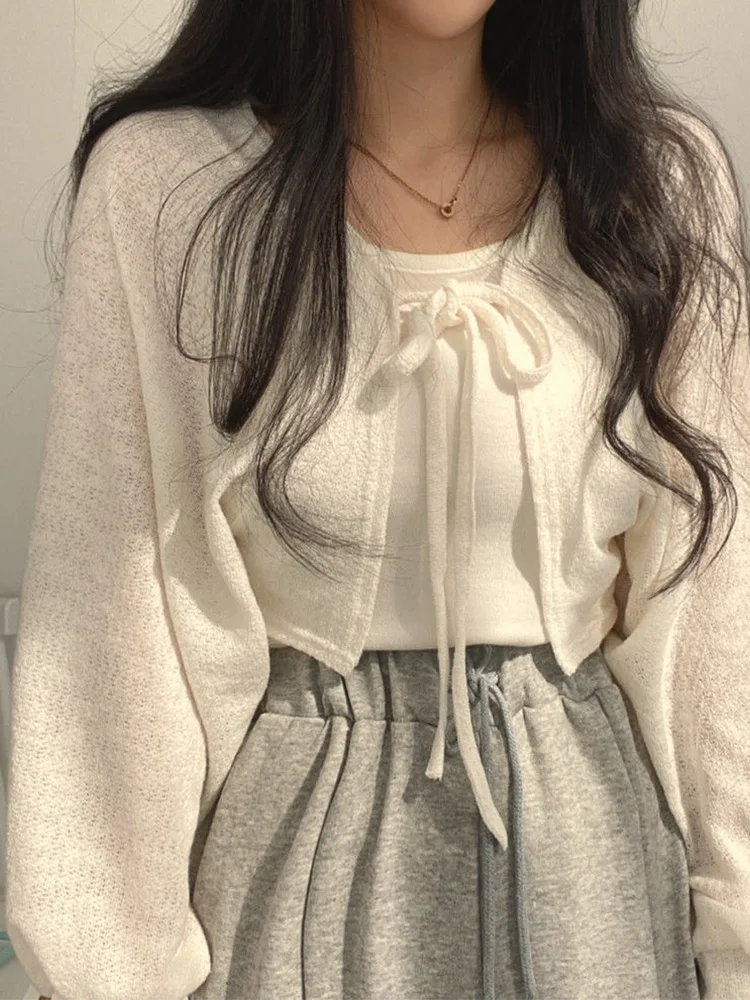 Thin White Cardigan Women Summer Sunscreen Lace-up Knitwear Top Female Korean Style Lantern Sleeve Short Coat Casual Elegant Top