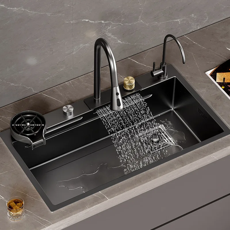 

Waterfall Sink Kitchen Stainless Steel Topmount Sink Large Single Slot Wash Basin With Multifunction Touch Waterfall Faucet