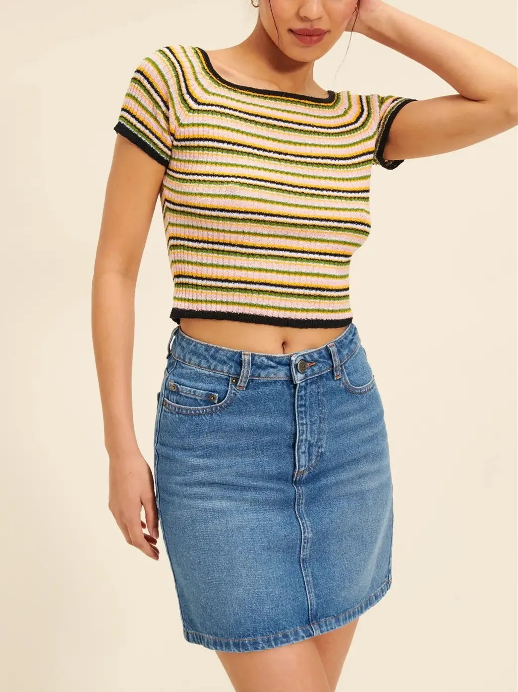 

Women Sweater Stripes Short Sleeve O-neck Slim Knitted Pullover Top Casual