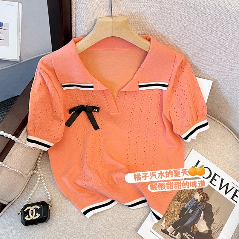 

Korean Hollow Bow Pullover Women Fashion Turn-down Collar Clothing Streetwear sweater T Shirts Striped Tees Ladies Y2k Tops 2023