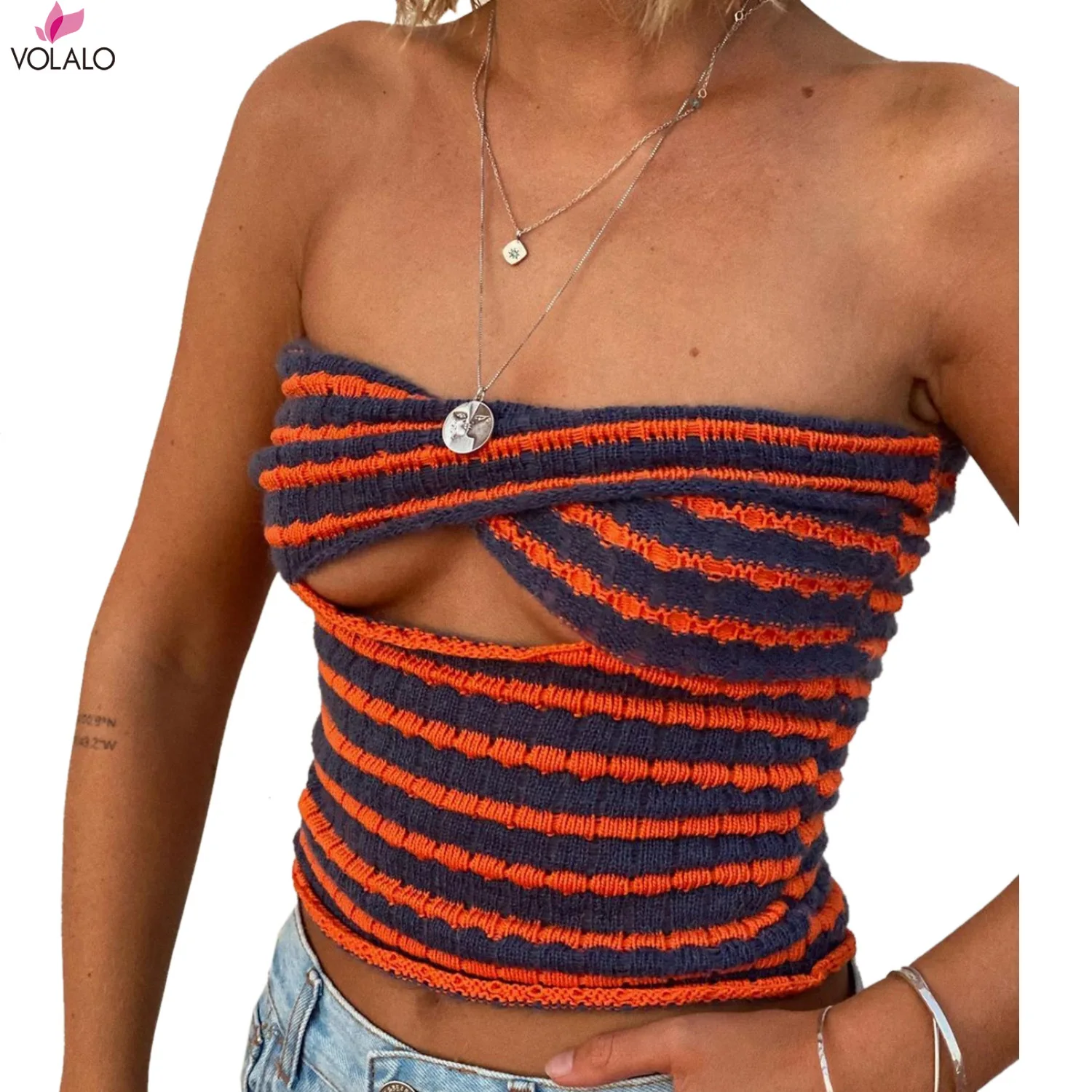 

VOLALO 2022 Strapless Knitted Tube Crop Top Vest Women Hollow Out Sleeveless Summer Autumn Backless Y2K Tank Vintage Fashion