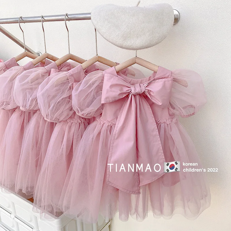 

Летнее корейское Сетчатое платье с бантом для девочек, платье принцессы с пышными рукавами, платья для девочек с цветами, Детские платья для...