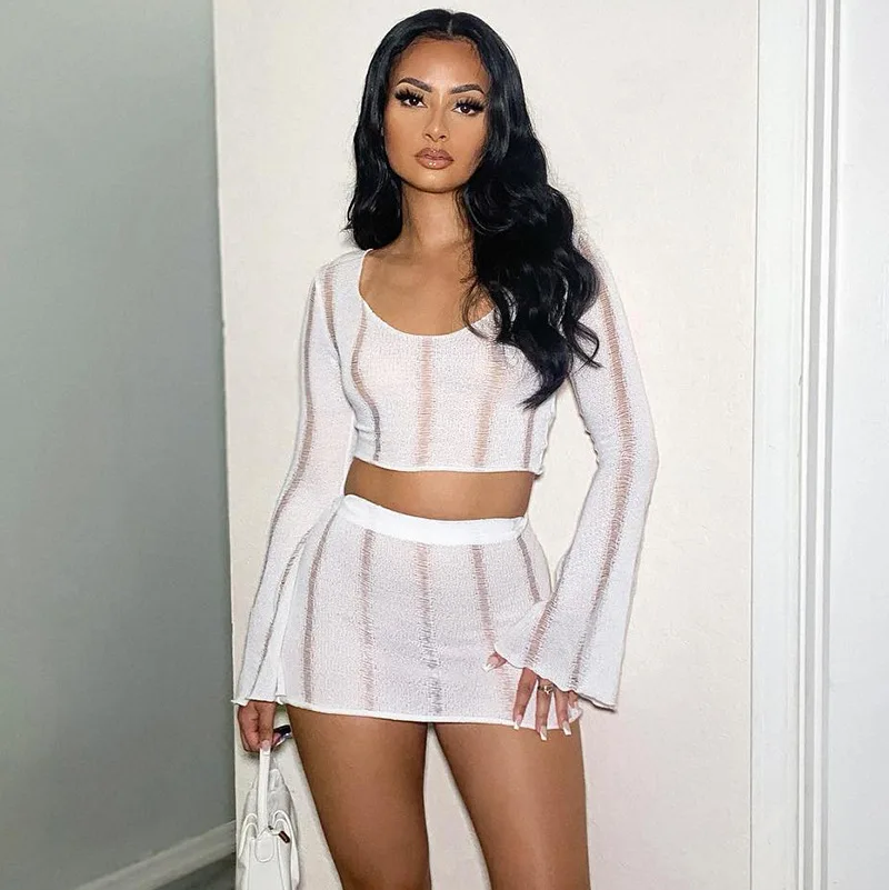 

Long Sleeve Crop Tops Mini Skirt Co-Ord Sets Party Rave Women Sexy 2 Piece Dress Sets Hollow Out Outfits 2022 Summer