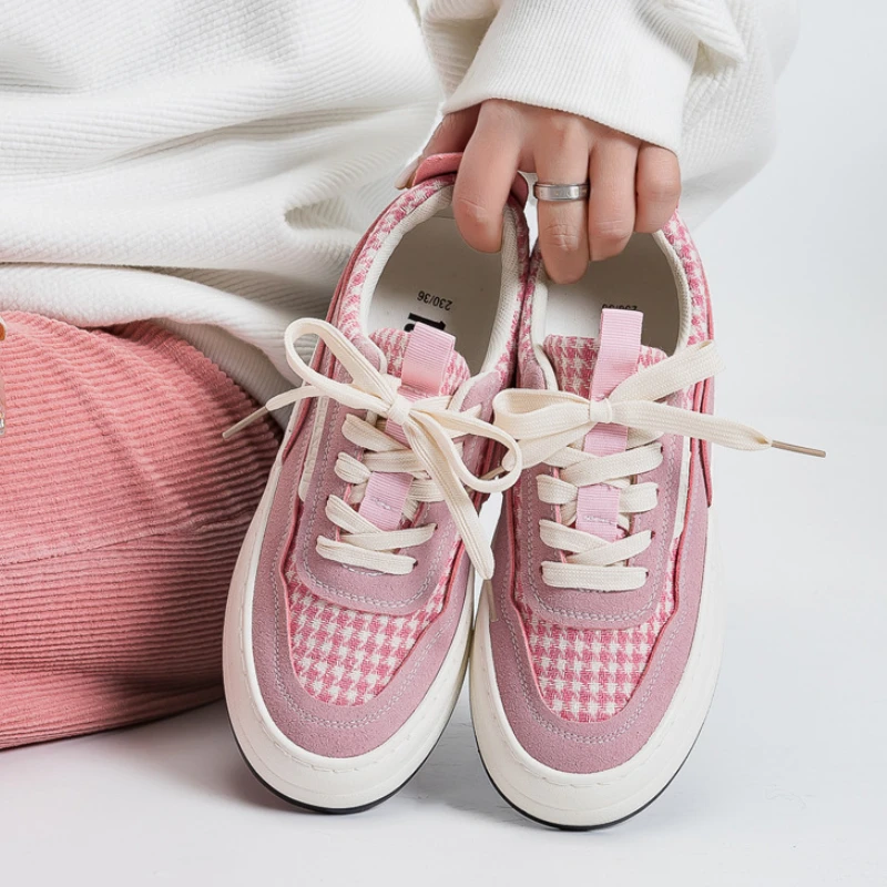 

2022 Women Sneakers Platform Casual Running Fashion Comfortable Houndstooth Pink Canvas Shoes All-match Student Skateboard Shoes