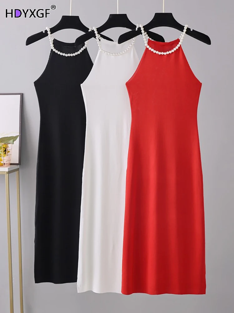 

3 Colors Elegant Sleeveless Beading Sexy Dress For Women 2023 Club Party Split Up Tank Dresses Midi Over-the-knee Long Dresses